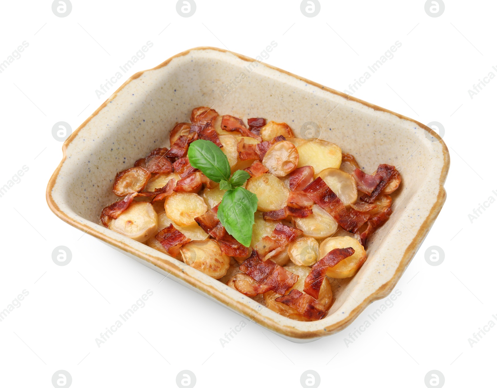 Photo of Delicious baked potatoes, bacon and basil in baking dish on white background