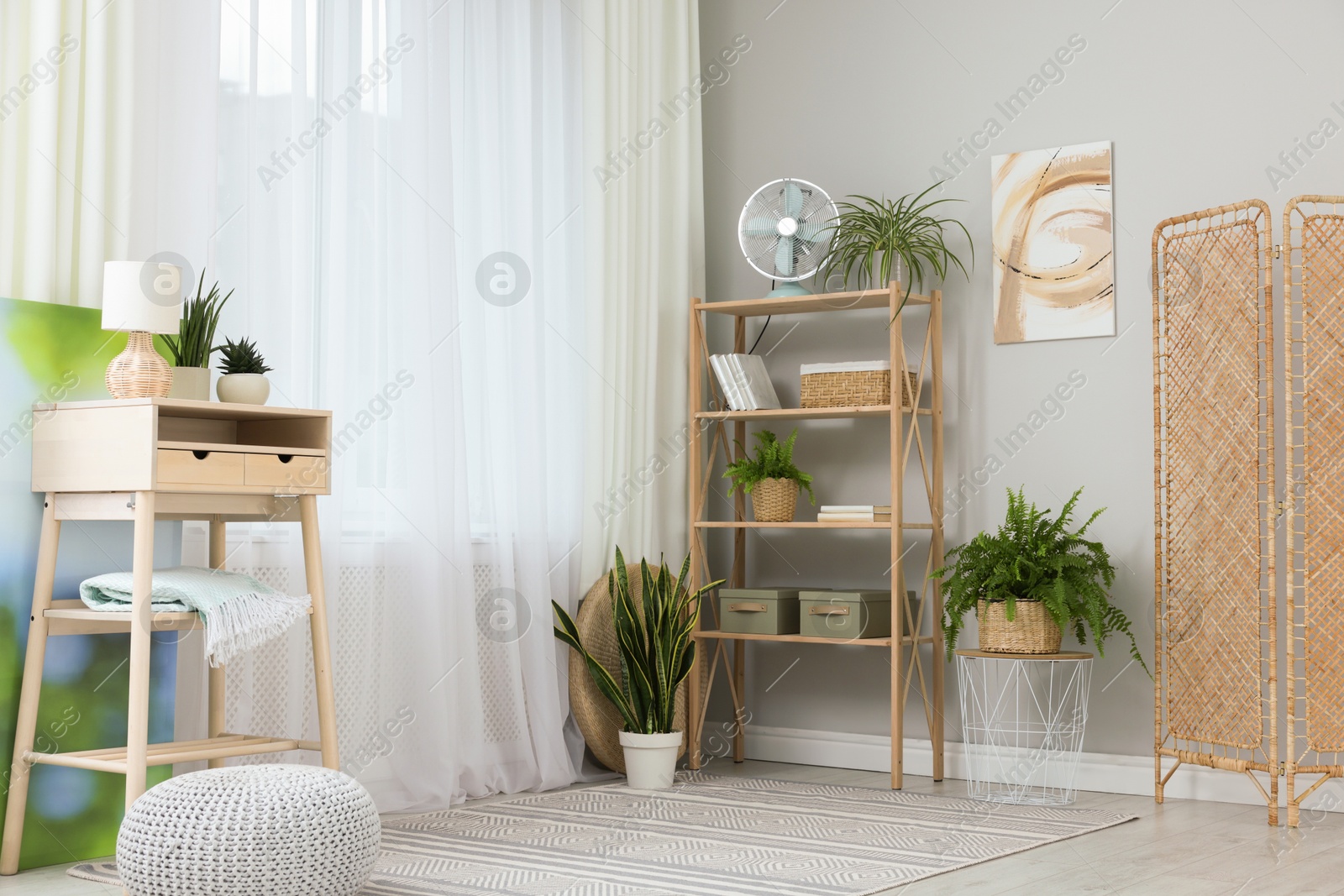 Photo of Window with beautiful curtains, pouf, houseplants and furniture in room. Interior design