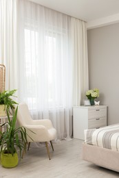 Photo of Chest of drawers, armchair, houseplants and window with curtains indoors. Interior design