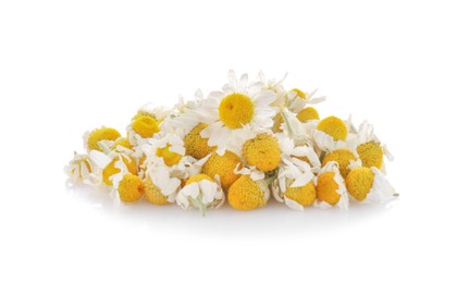 Photo of Pile of dry and fresh chamomile flowers isolated on white
