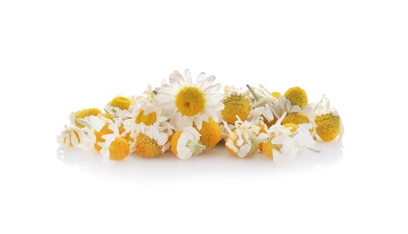 Photo of Pile of dry and fresh chamomile flowers isolated on white