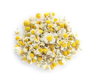 Photo of Pile of dry and fresh chamomile flowers isolated on white, top view