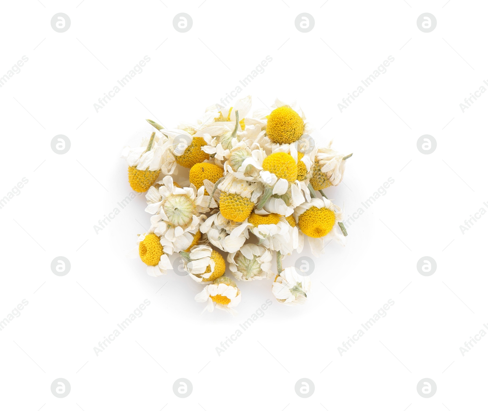 Photo of Pile of chamomile flowers isolated on white, top view