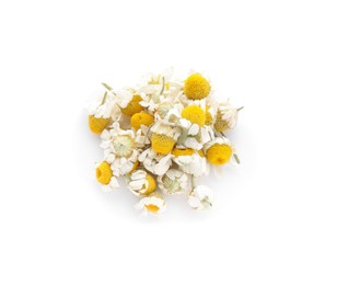 Pile of chamomile flowers isolated on white, top view