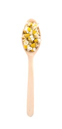Photo of Chamomile flowers in wooden spoon isolated on white, top view