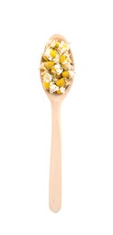 Chamomile flowers in wooden spoon isolated on white, top view