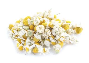 Photo of Pile of chamomile flowers isolated on white