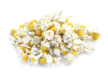 Pile of chamomile flowers isolated on white