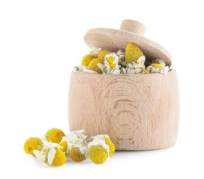 Photo of Chamomile flowers in wooden bowl isolated on white