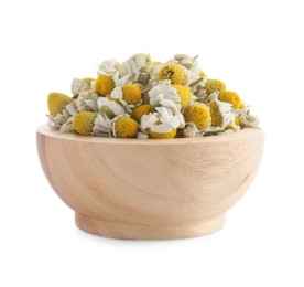 Chamomile flowers in wooden bowl isolated on white