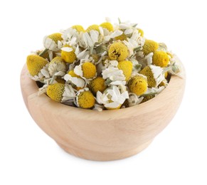 Photo of Chamomile flowers in wooden bowl isolated on white