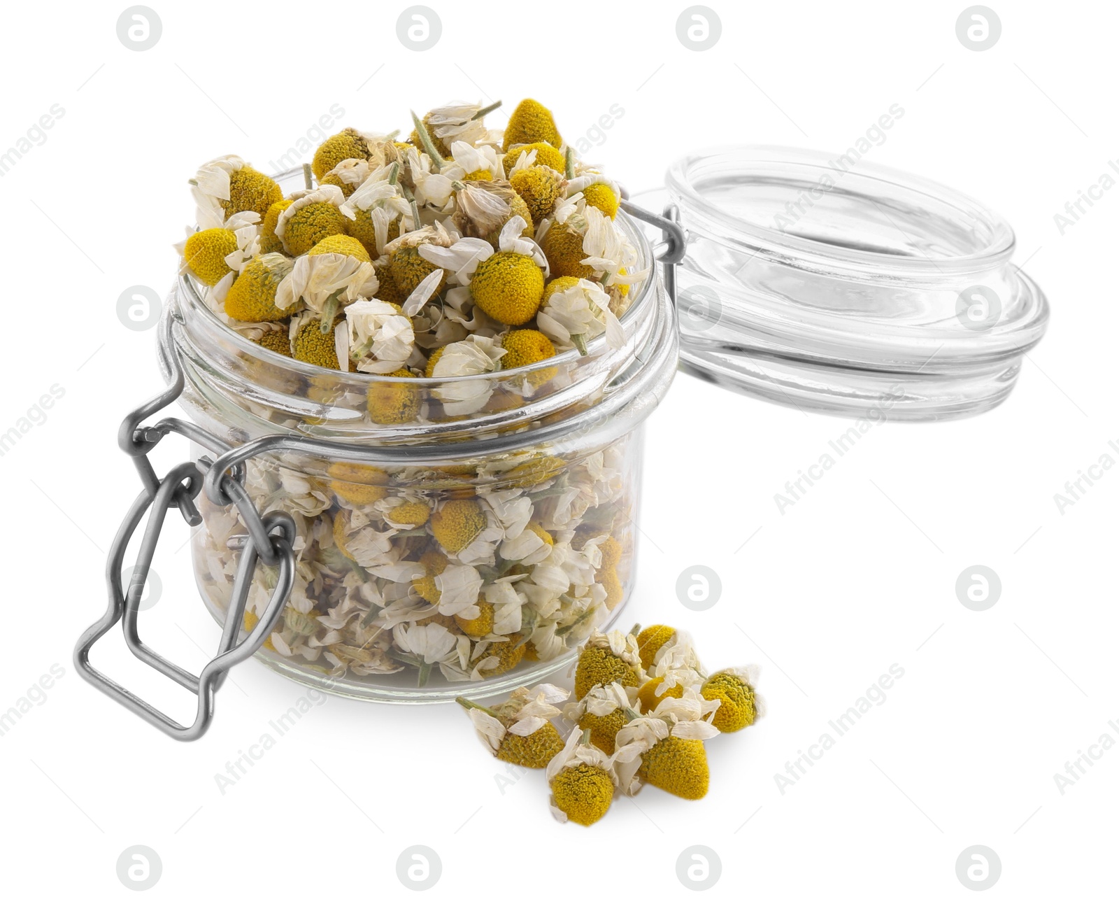 Photo of Chamomile flowers in glass jar isolated on white