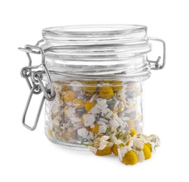 Photo of Chamomile flowers in glass jar isolated on white