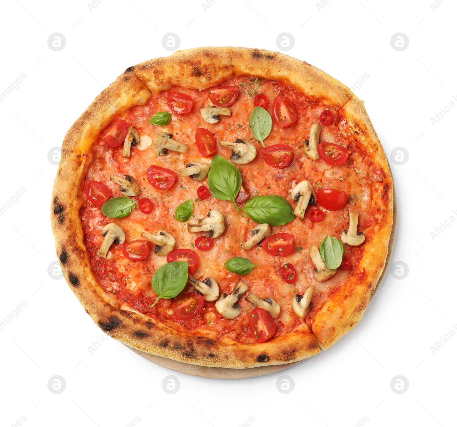 Photo of Delicious pizza with tomatoes, mushrooms and basil isolated on white, top view