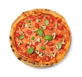 Photo of Delicious pizza with tomatoes, mushrooms and basil isolated on white, top view