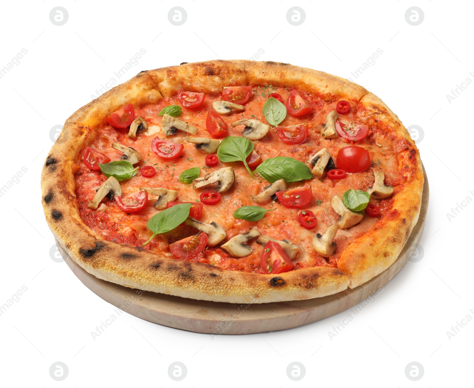 Photo of Delicious pizza with tomatoes, mushrooms and basil isolated on white