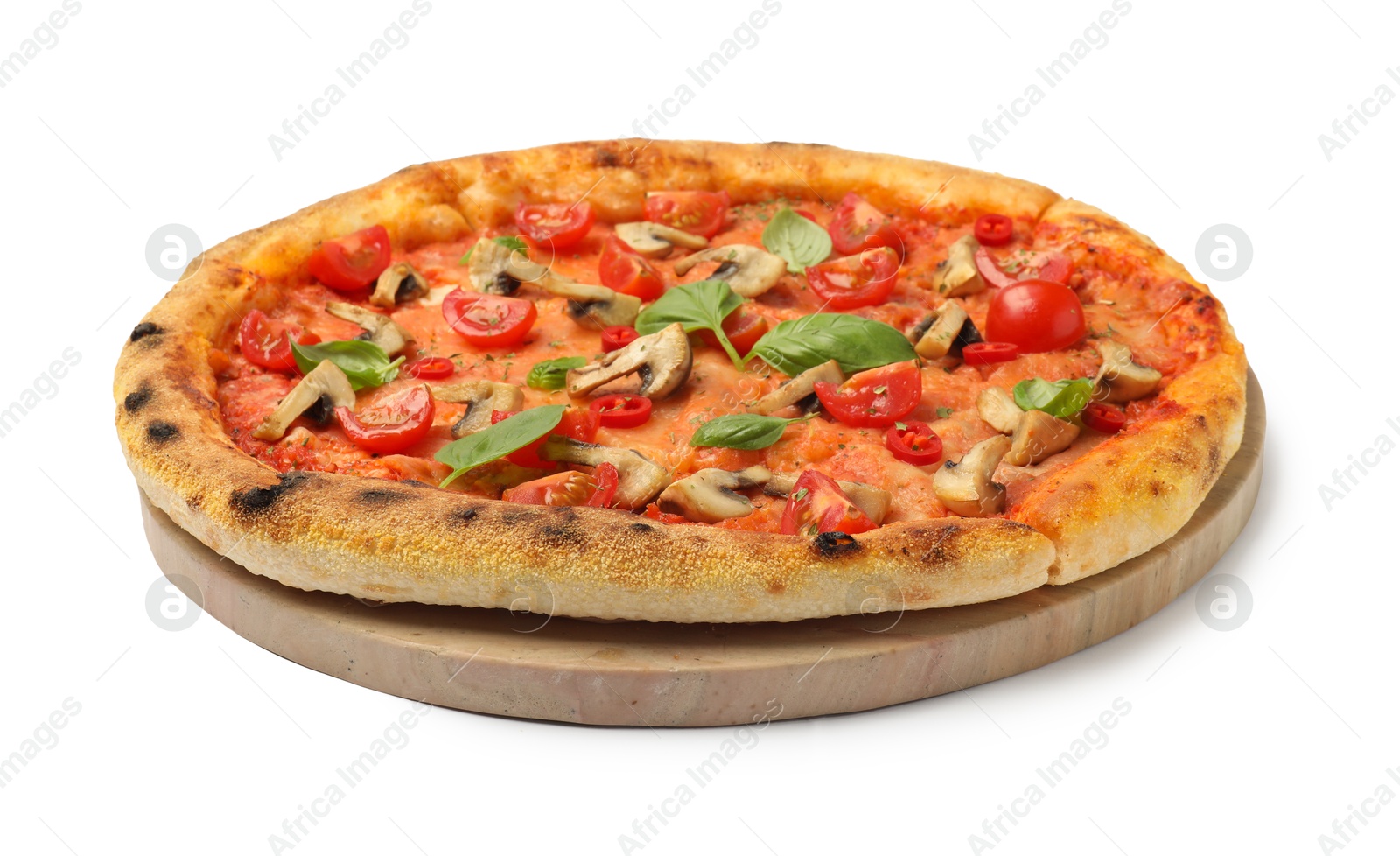 Photo of Delicious pizza with tomatoes, mushrooms and basil isolated on white