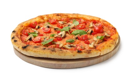 Photo of Delicious pizza with tomatoes, mushrooms and basil isolated on white