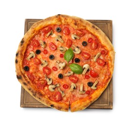 Photo of Delicious pizza with tomatoes, mushrooms, black olives and basil isolated on white, top view