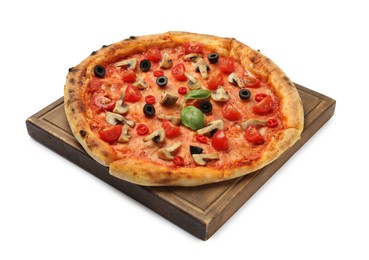 Photo of Delicious pizza with tomatoes, mushrooms, black olives and basil isolated on white