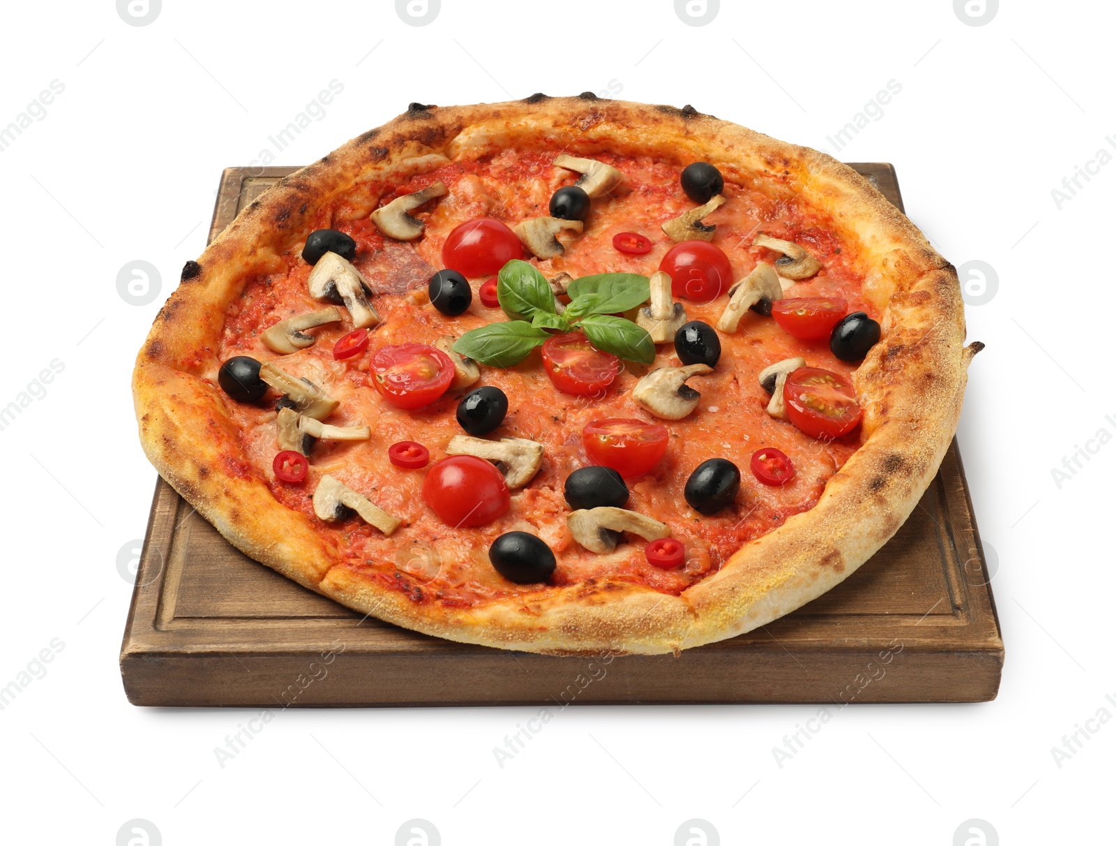 Photo of Delicious pizza with tomatoes, mushrooms, black olives and basil isolated on white