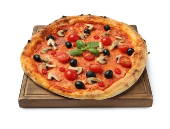 Delicious pizza with tomatoes, mushrooms, black olives and basil isolated on white