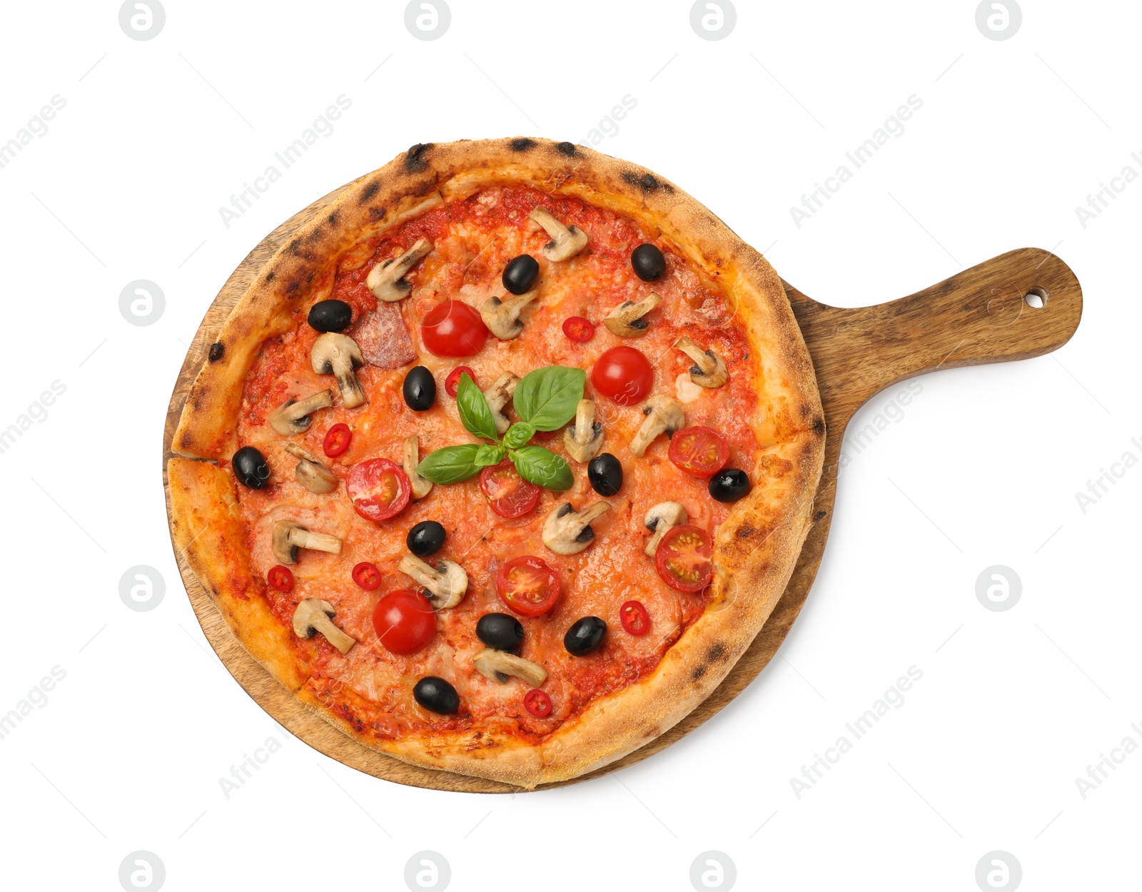 Photo of Delicious pizza with tomatoes, mushrooms, black olives and basil isolated on white, top view