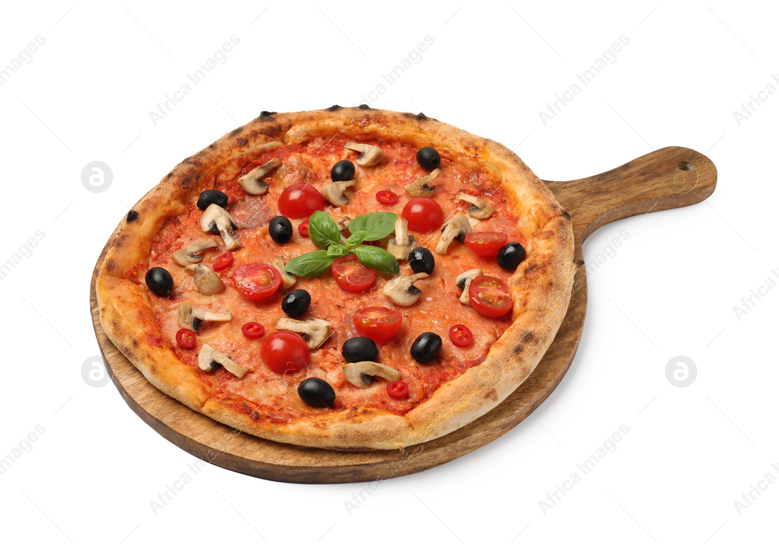 Photo of Delicious pizza with tomatoes, mushrooms, black olives and basil isolated on white