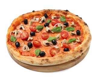 Photo of Delicious pizza with tomatoes, mushrooms, black olives and basil isolated on white