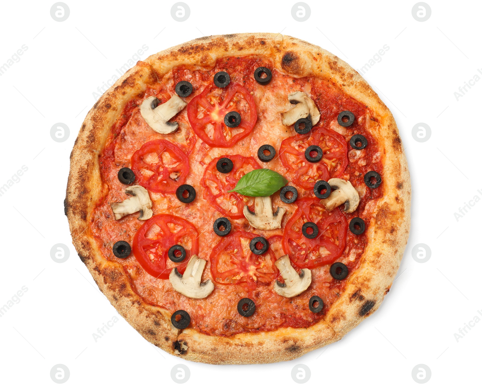 Photo of Delicious pizza with tomatoes, mushrooms, black olives and basil isolated on white, top view