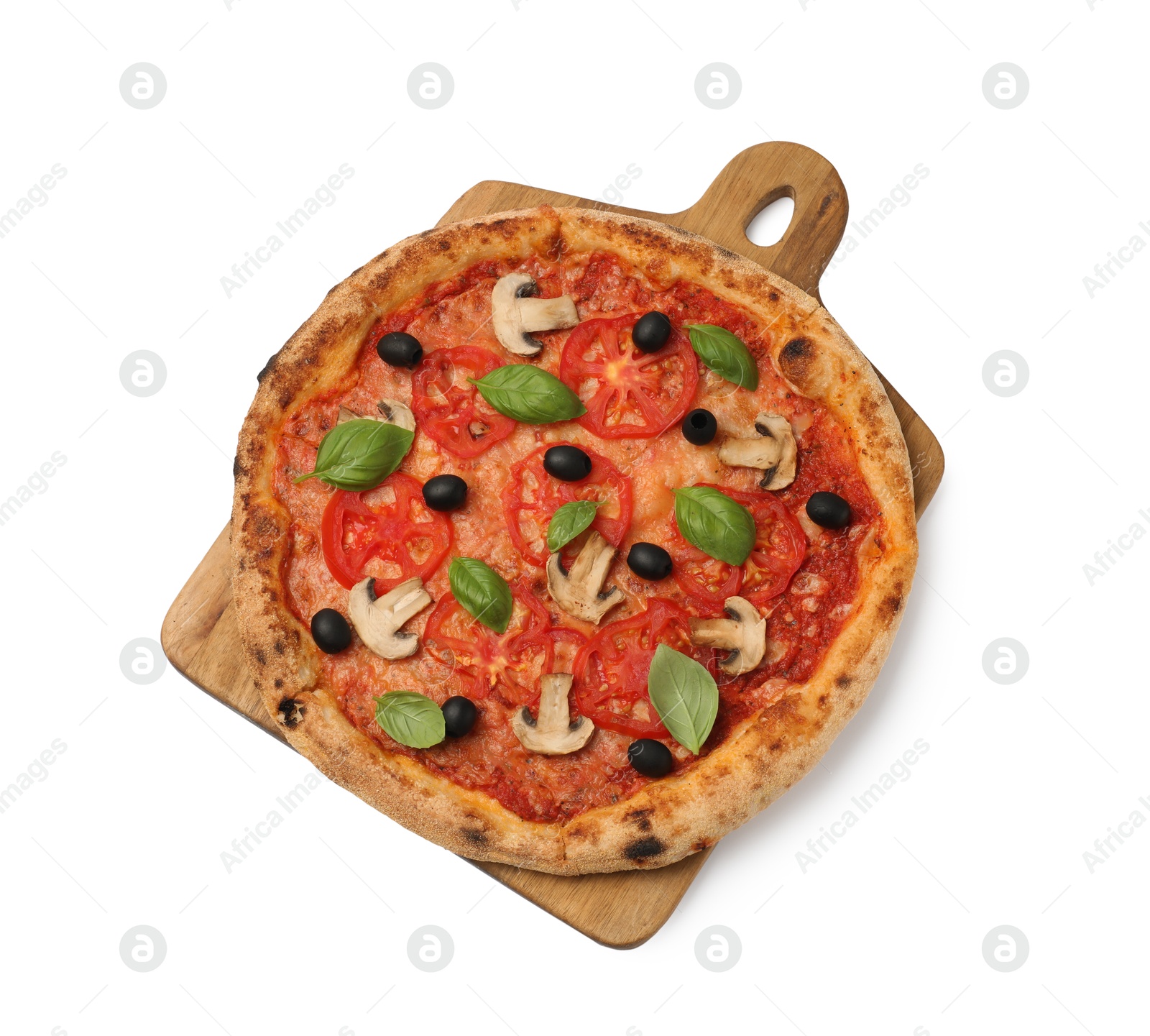 Photo of Delicious pizza with tomatoes, mushrooms, black olives and basil isolated on white, top view