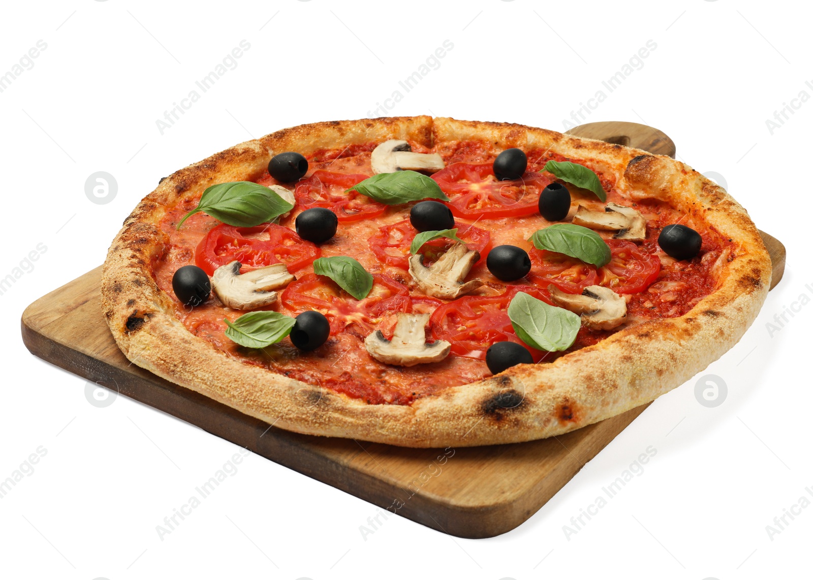 Photo of Delicious pizza with tomatoes, mushrooms, black olives and basil isolated on white