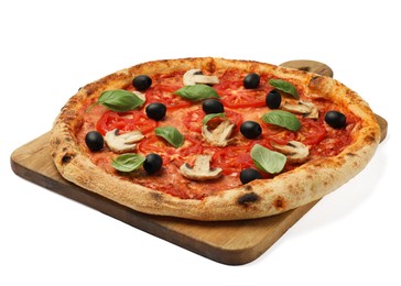 Delicious pizza with tomatoes, mushrooms, black olives and basil isolated on white