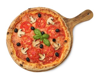 Delicious pizza with tomatoes, mushrooms, black olives and basil isolated on white, top view