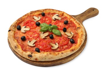 Photo of Delicious pizza with tomatoes, mushrooms, black olives and basil isolated on white