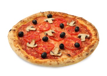 Photo of Delicious pizza with tomatoes, mushrooms and black olives isolated on white