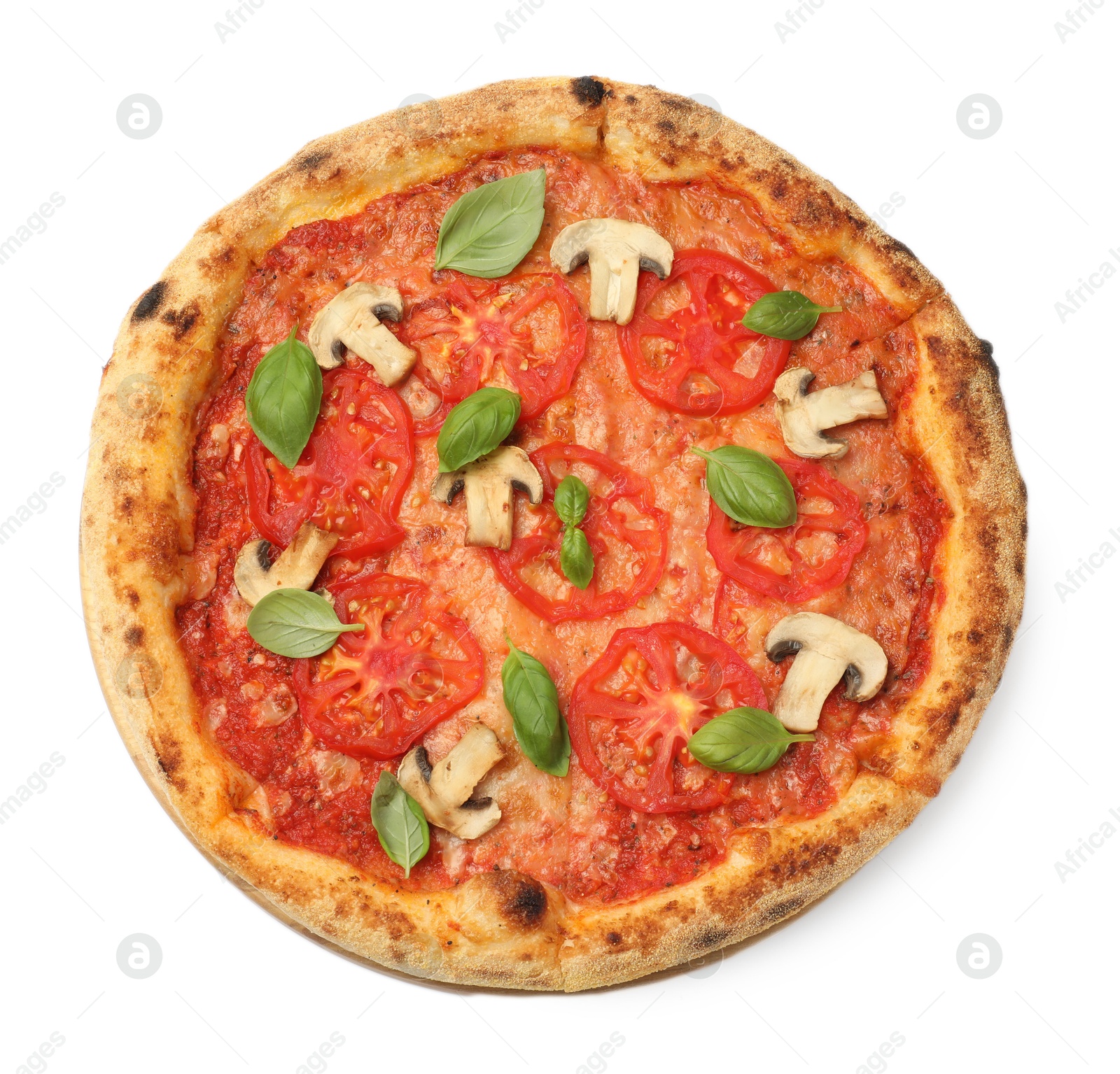 Photo of Delicious pizza with tomatoes, mushrooms and basil isolated on white, top view