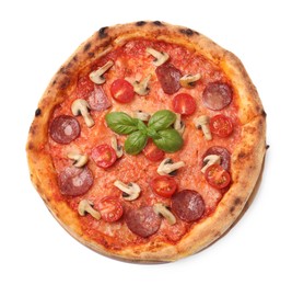 Photo of Delicious pizza with salami, tomatoes, mushrooms and basil isolated on white, top view