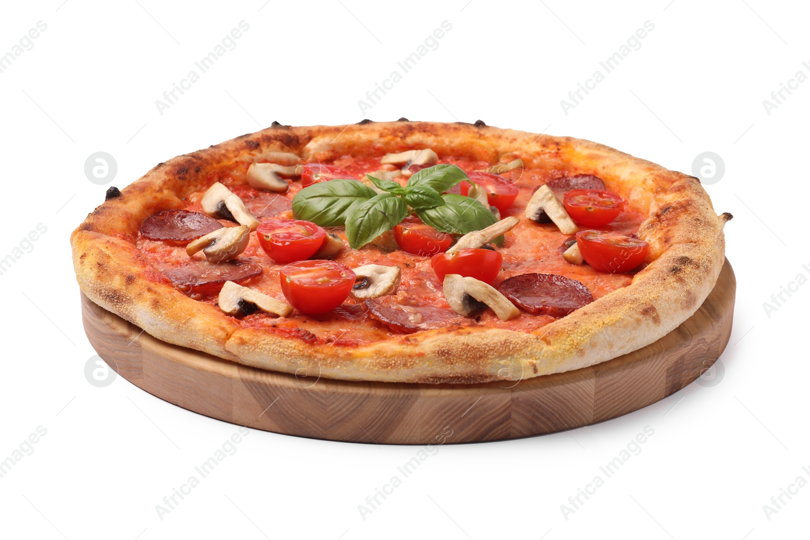 Photo of Delicious pizza with salami, tomatoes, mushrooms and basil isolated on white