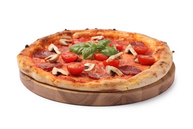 Delicious pizza with salami, tomatoes, mushrooms and basil isolated on white