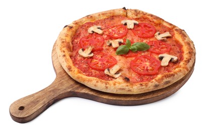 Delicious pizza with tomatoes, mushrooms and basil isolated on white