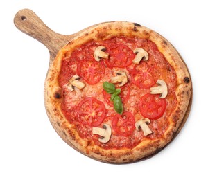 Delicious pizza with tomatoes, mushrooms and basil isolated on white, top view