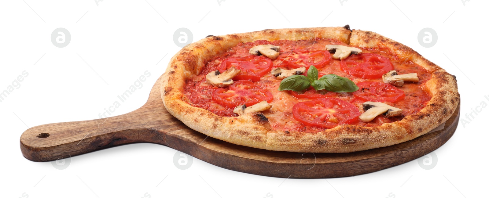 Photo of Delicious pizza with tomatoes, mushrooms and basil isolated on white