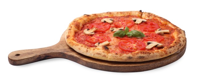 Photo of Delicious pizza with tomatoes, mushrooms and basil isolated on white