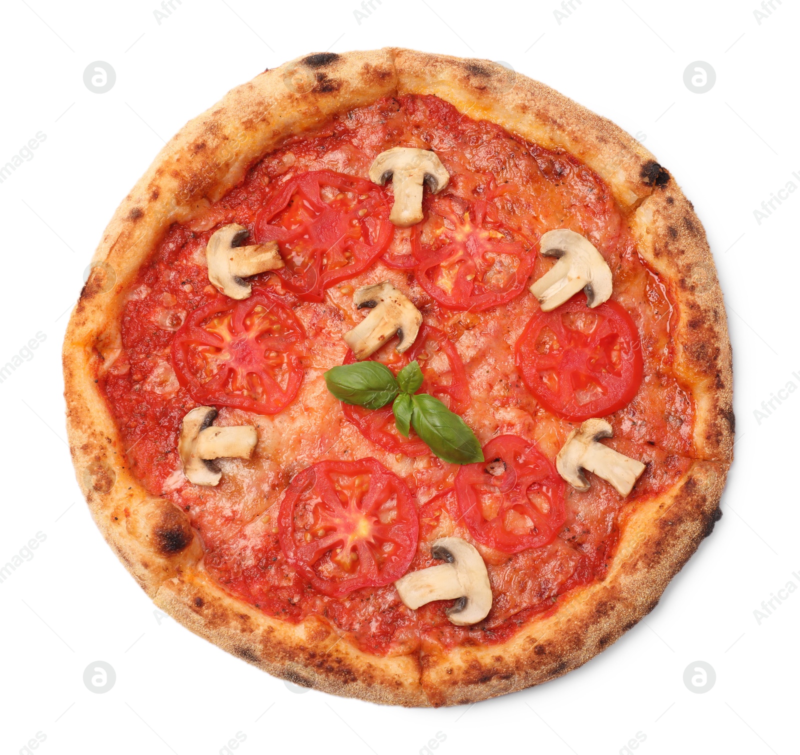 Photo of Delicious pizza with tomatoes, mushrooms and basil isolated on white, top view