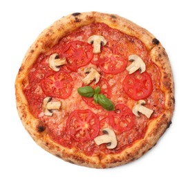 Photo of Delicious pizza with tomatoes, mushrooms and basil isolated on white, top view