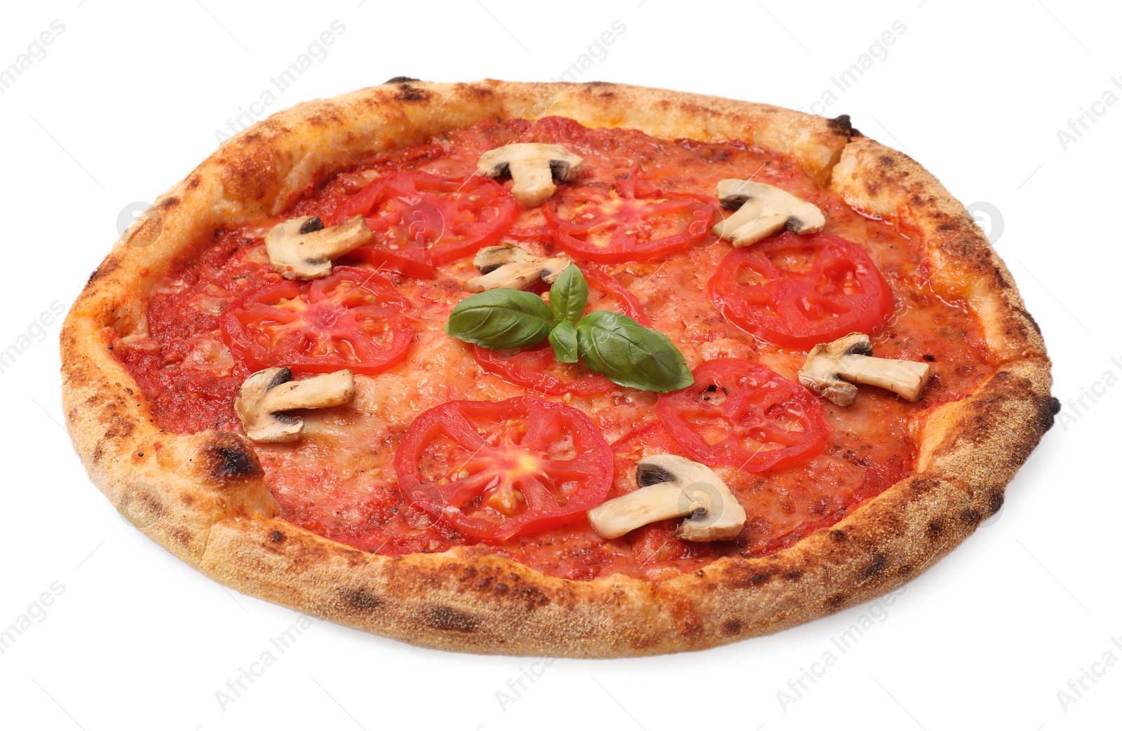 Photo of Delicious pizza with tomatoes, mushrooms and basil isolated on white