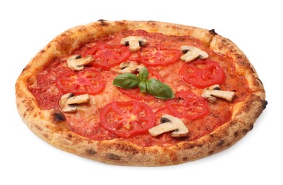 Photo of Delicious pizza with tomatoes, mushrooms and basil isolated on white