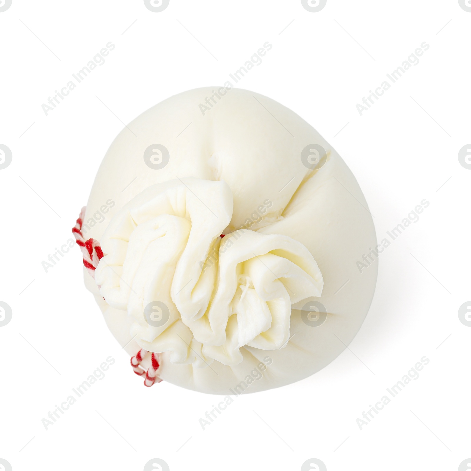 Photo of Fresh delicious burrata cheese isolated on white, top view