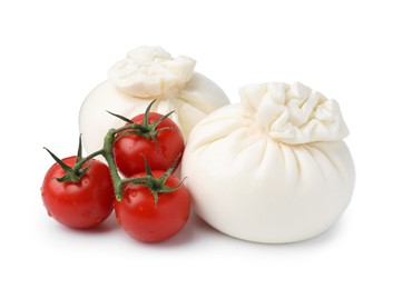 Photo of Fresh delicious burrata cheese and tomatoes isolated on white